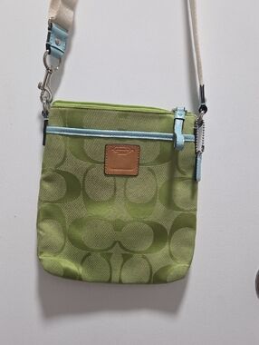 Coach Green Signature Crossbody with Light Blue Trim